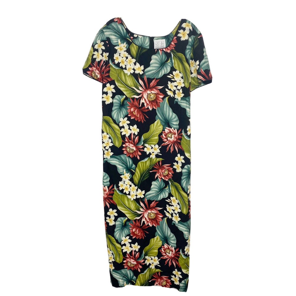 Vintage Young Hawaii Black Floral Palm Print Side Slit Maxi Dress Size Large